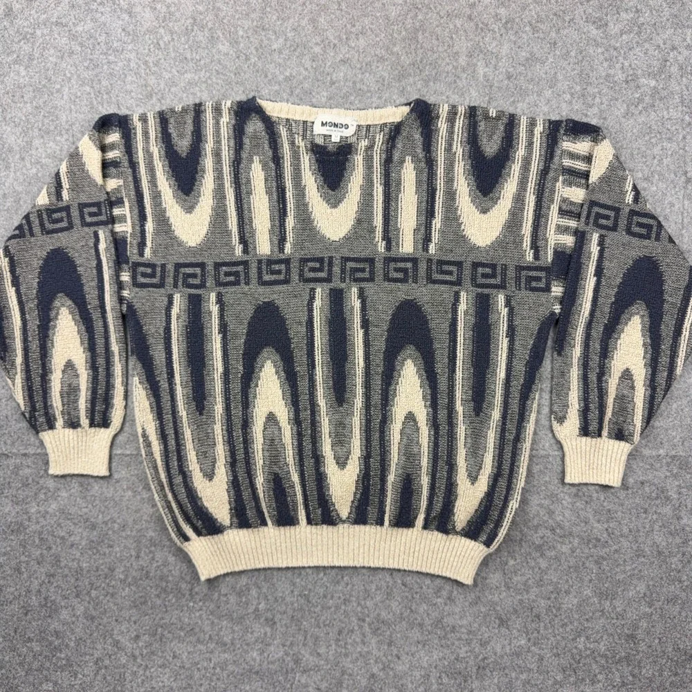 VTG Mondo Sweater Mens Medium Beige Gray Abstract Geometric 3D Knit Italy 90s